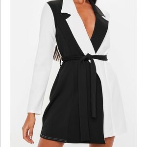 White Black Long Sleeve Monochrome Dress